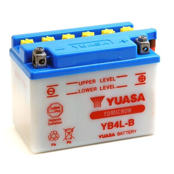 Bateria para moto o ciclomotor marca YUASA modelo YB4L-B de 12v 4Ah (con ácido)
