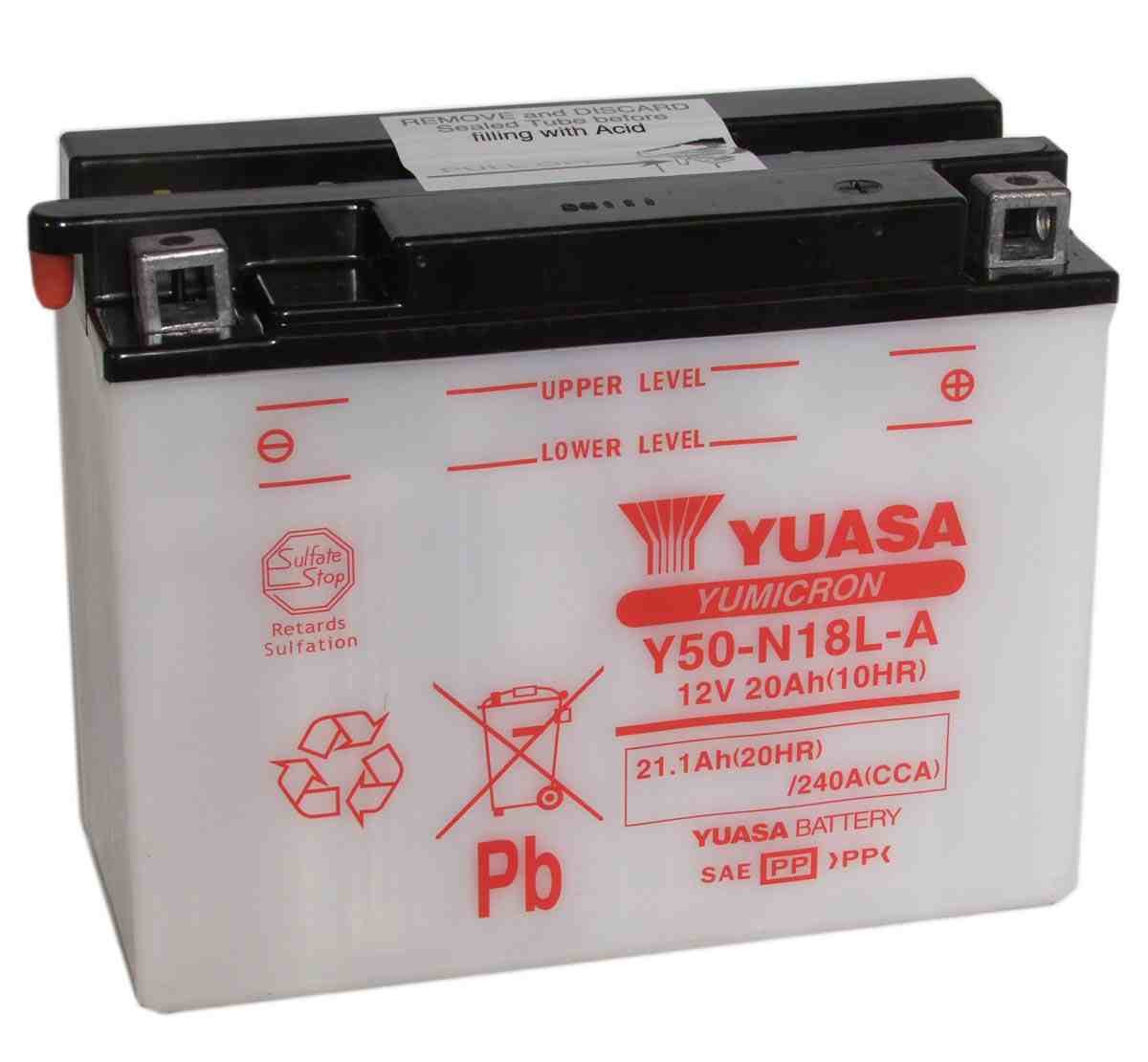 Bateria para moto o ciclomotor marca YUASA modelo Y50N18L-A de 12v 20Ah
